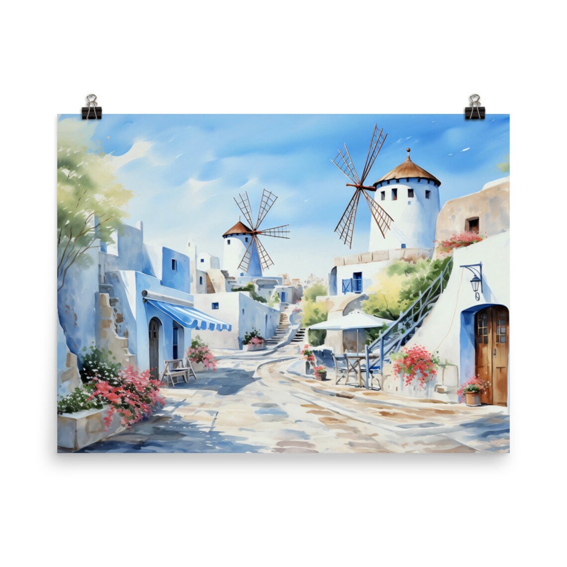 Santorini Greece Windmill Village Blue Dome Watercolor Poster - Image 5