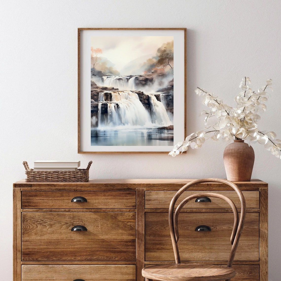 Cascading Waterfall Over Rocks Misty Watercolor Nature Art Poster - Image 4