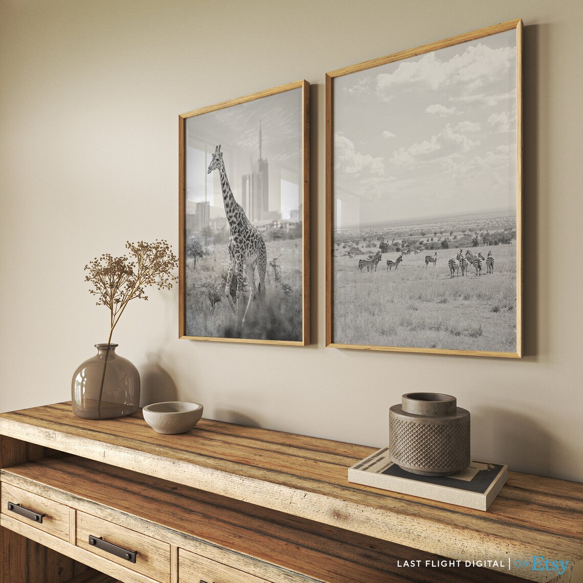Nairobi Kenya Giraffe City Skyline Safari Black And White Photo Poster - Image 3