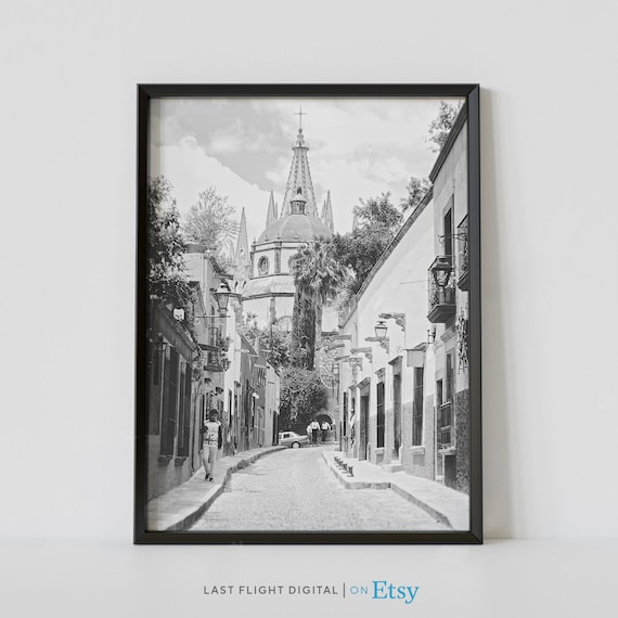 Mexico Poster San Miguel De Allende Aldama Street Cathedral Mexico Print Black And White Photo Church Downtown Mexico Print