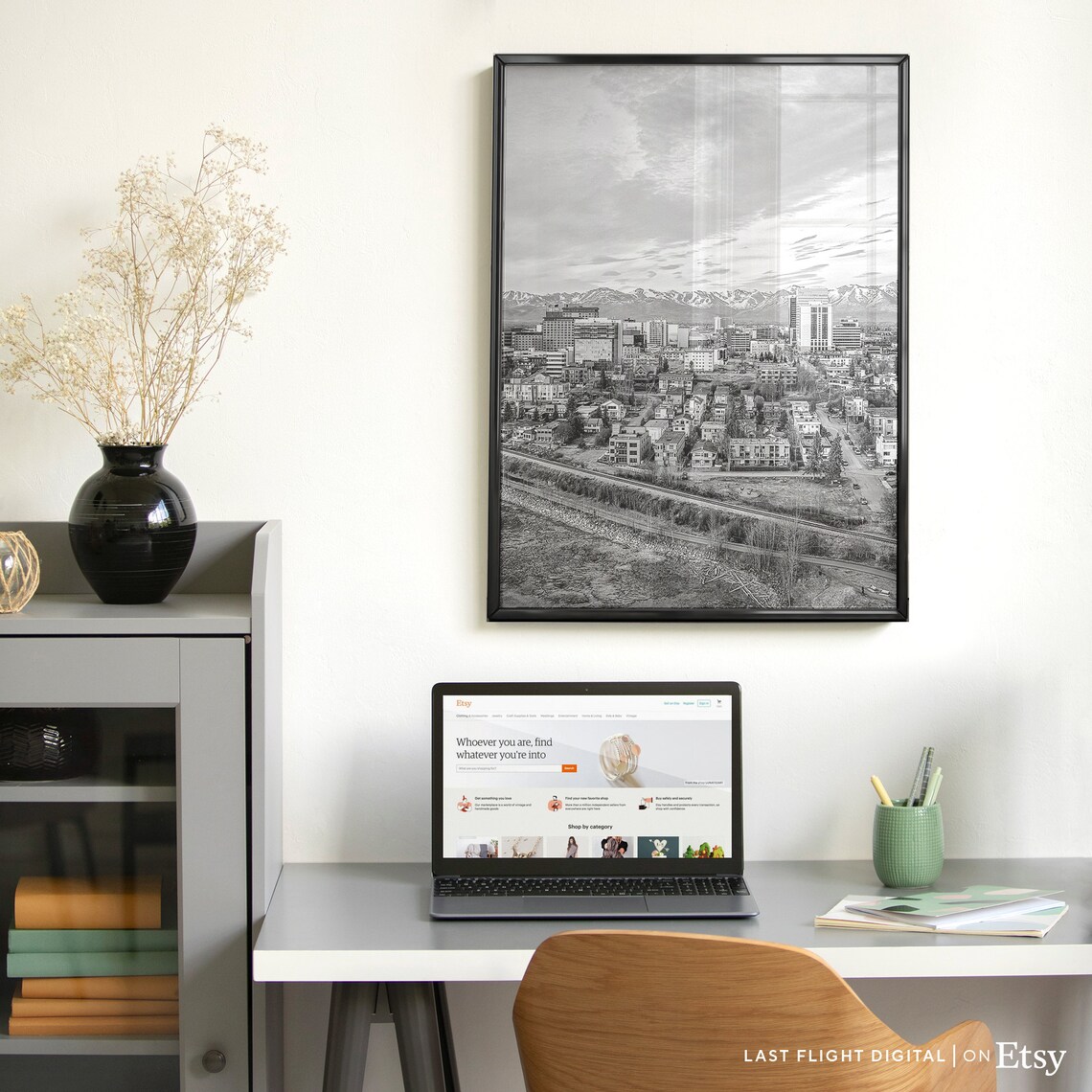 Anchorage Alaska Downtown Cityscape Mountains Black White Poster - Image 2