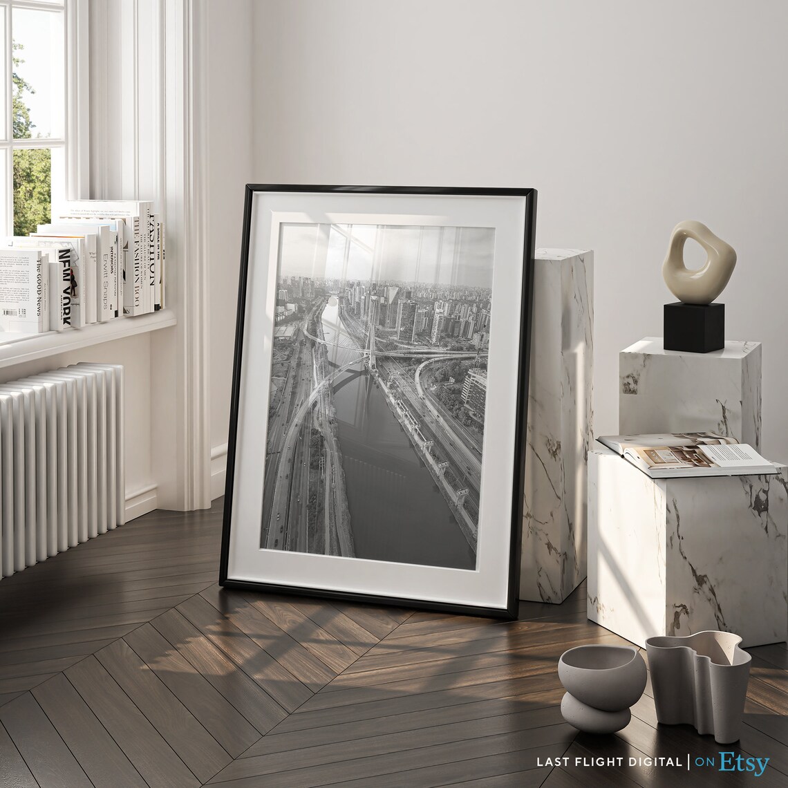 Brazil Sao Paulo Ponte Estaiada Bridge Aerial River Black White Poster - Image 2