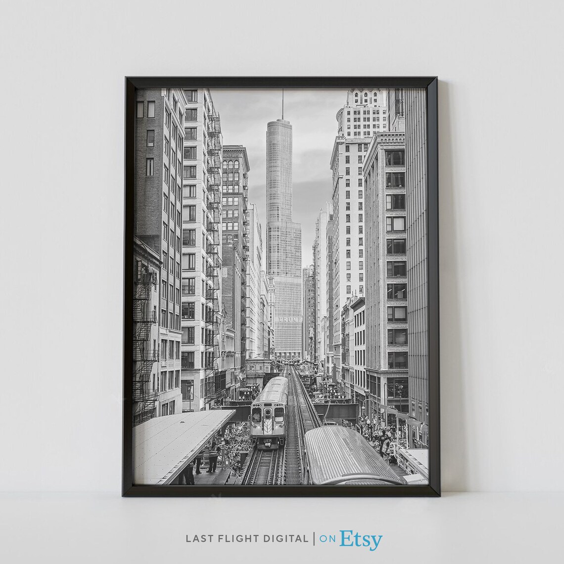 Chicago Downtown Skyline Travel Poster, Black and White