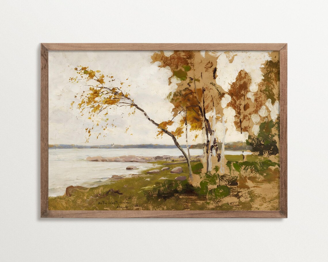 Vintage Landscape Painting, Lakehouse Decor