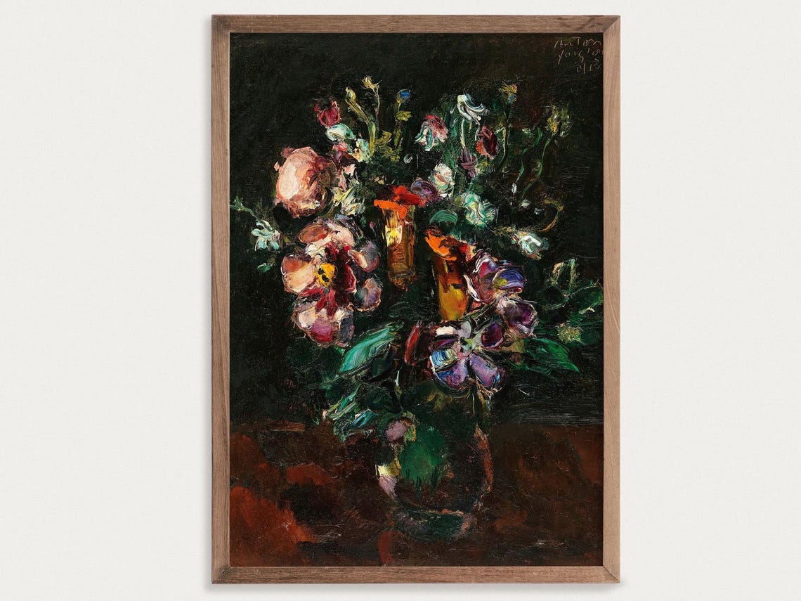 Moody Flowers Still Life, Vintage Oil Painting Print
