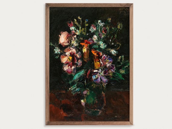 Moody Flowers Still Life, Vintage Oil Painting Print