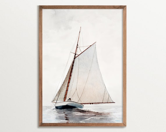 Vintage Sailboat Wall Art Print, Neutral Seascape