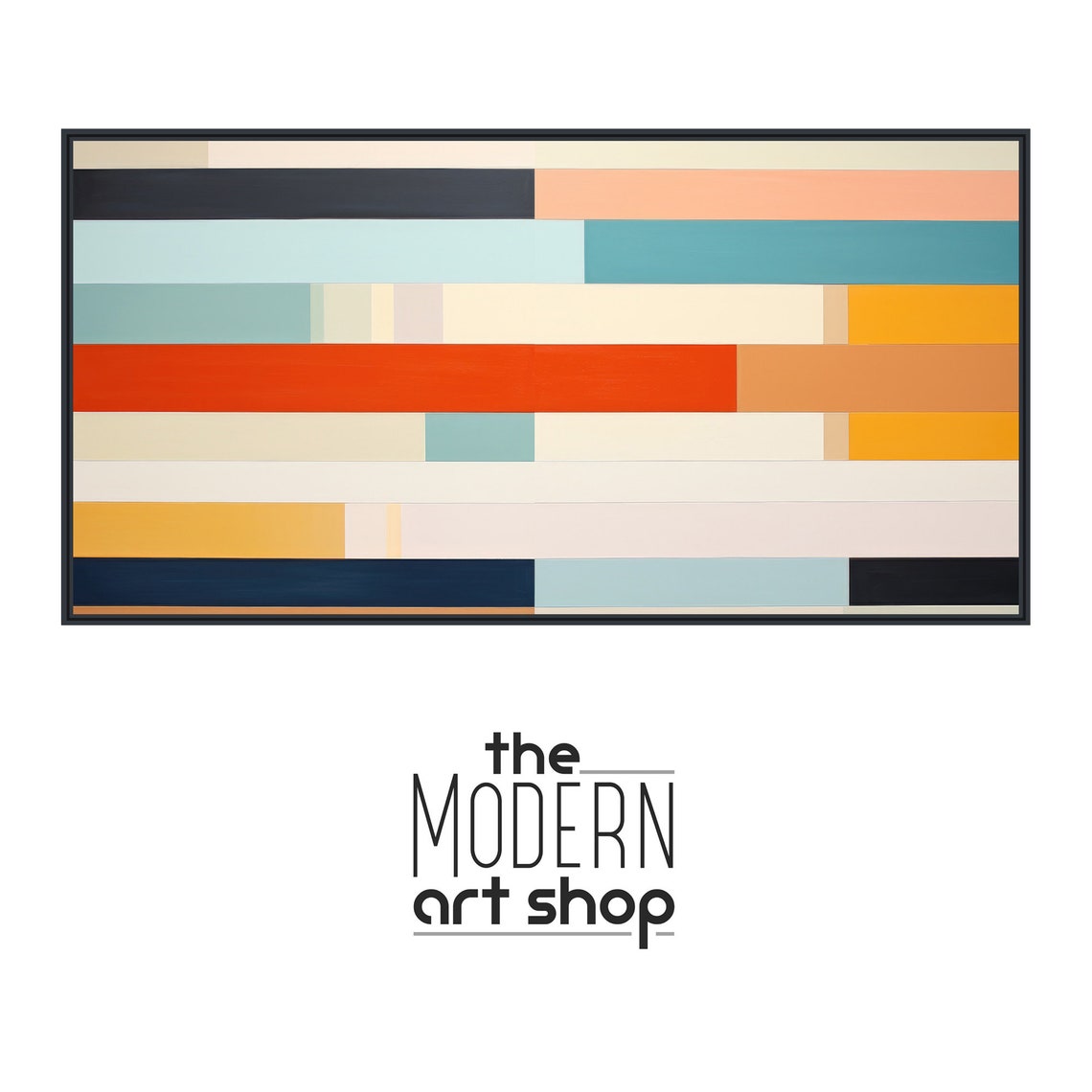 Panoramic Horizontal Line Stripes Cream Teal Orange Modern Print - Image 4