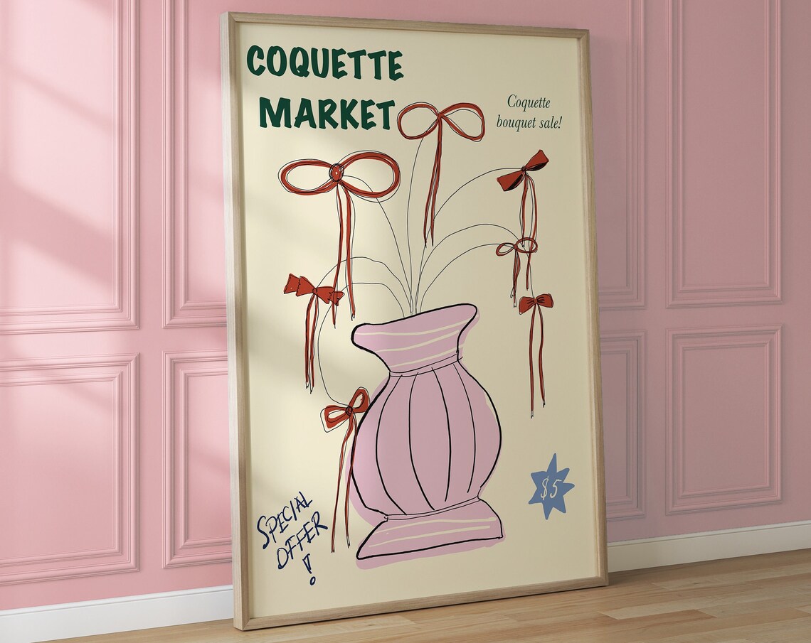 Coquette Market Red Bow Bouquet Pink Vase Special Offer Poster - Image 3