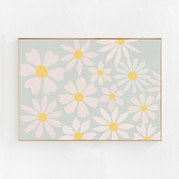 Daisies, Scandi Boho Art Print in Pastel Light Blue