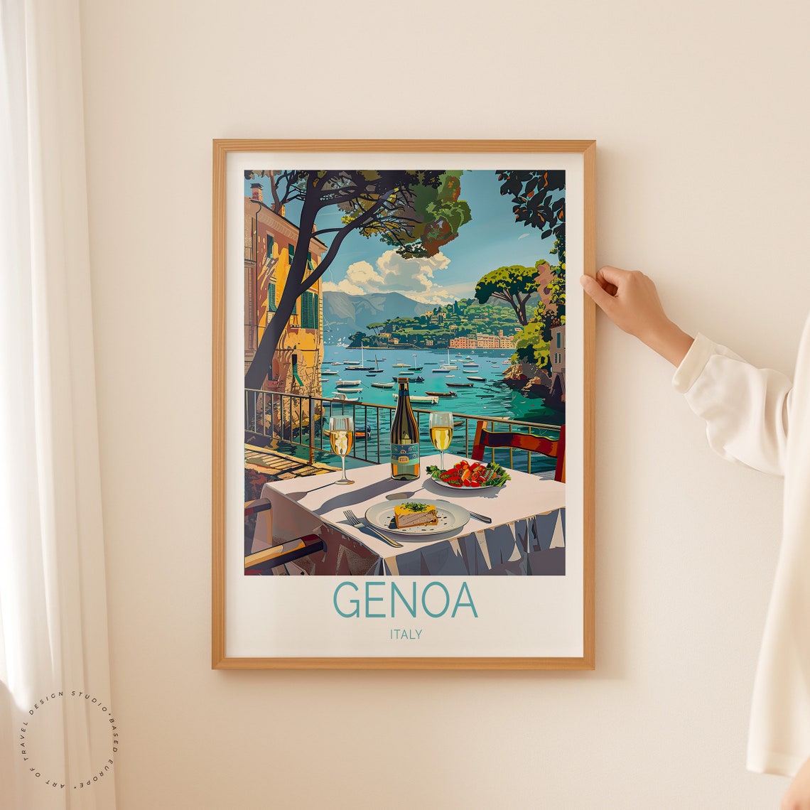 Genoa Italy Harbor Terrace Wine and Lunch Waterfront Scene Poster - Image 2