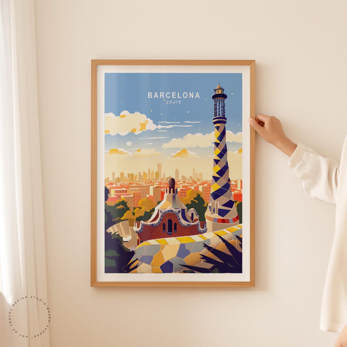 Barcelona Spain Park Guell Mosaic Tower Skyline Travel Poster - Image 2