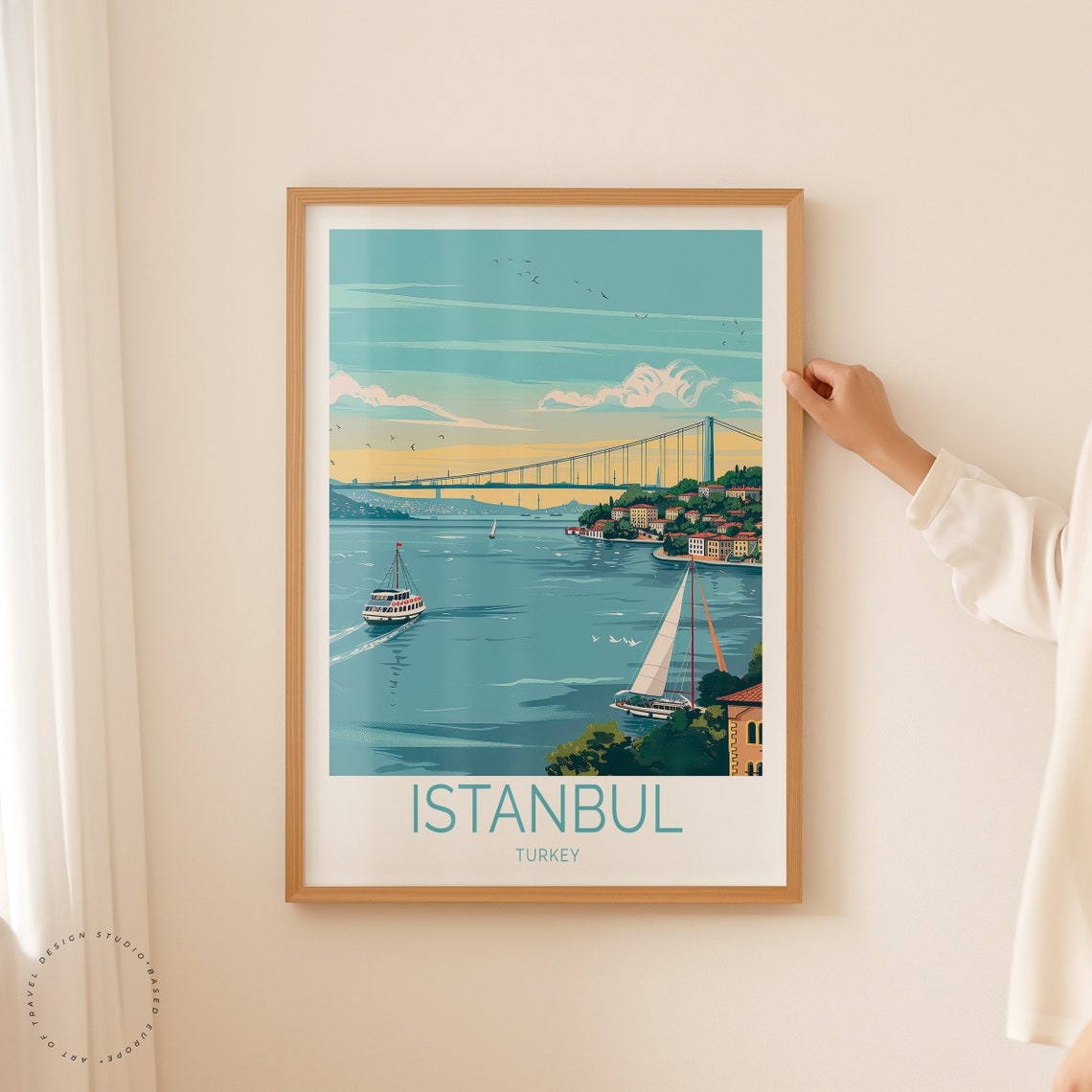 Istanbul Turkey Bosphorus Bridge Ferry And Sailboat At Dusk Poster - Image 2