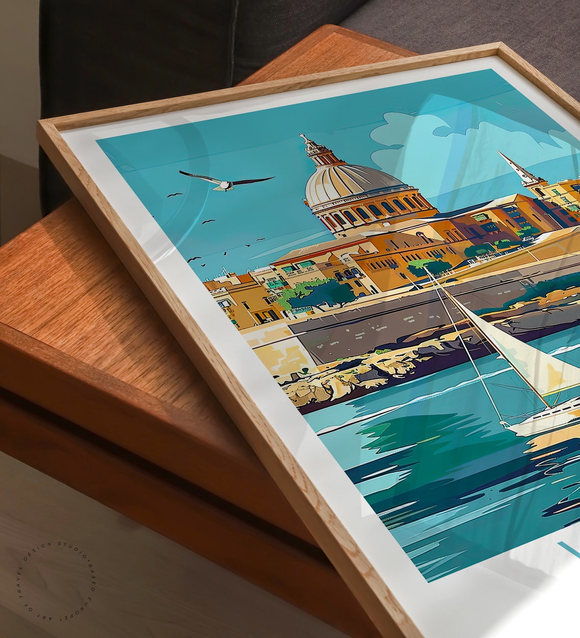 Valetta Malta Harbor Dome And Sailboat Skyline Travel Poster - Image 3
