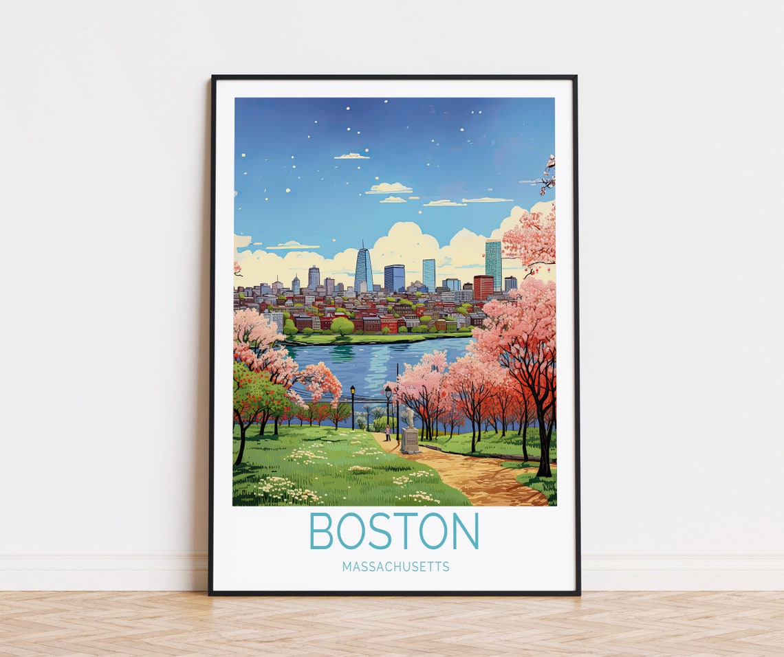 Boston Massachusetts Cherry Blossom Park Skyline Scene Poster