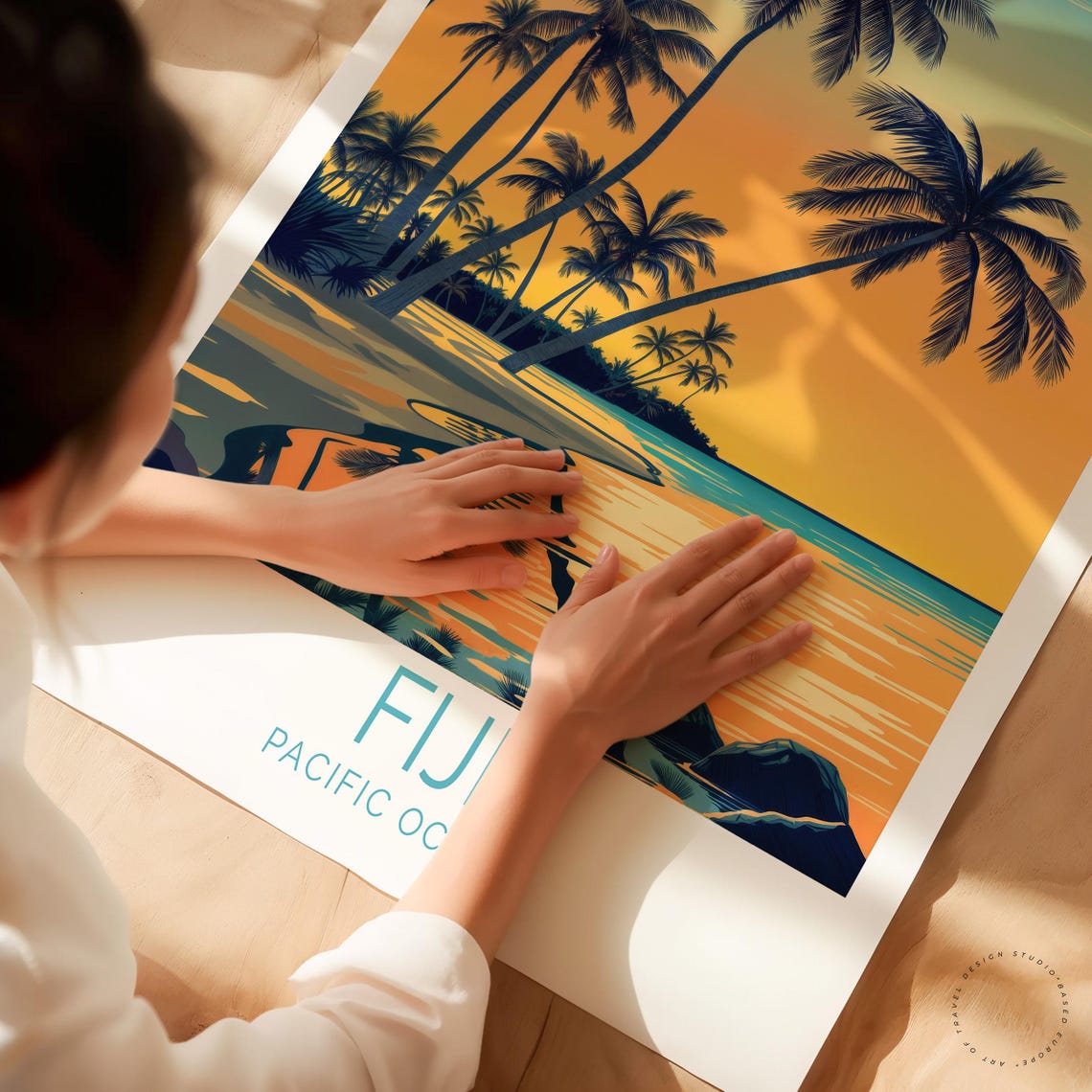 Fiji Pacific Ocean Palm Silhouettes Orange Sunset Lagoon Shore Poster - Image 3