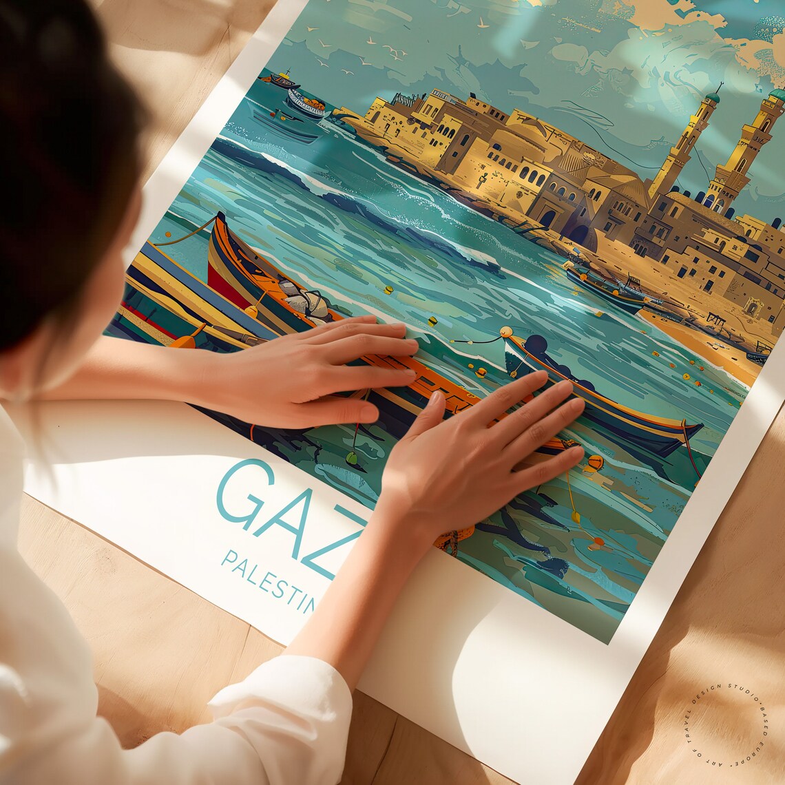 Gaza Palestine Harbor Minarets Colorful Boats Sea Scenic Travel Poster - Image 2