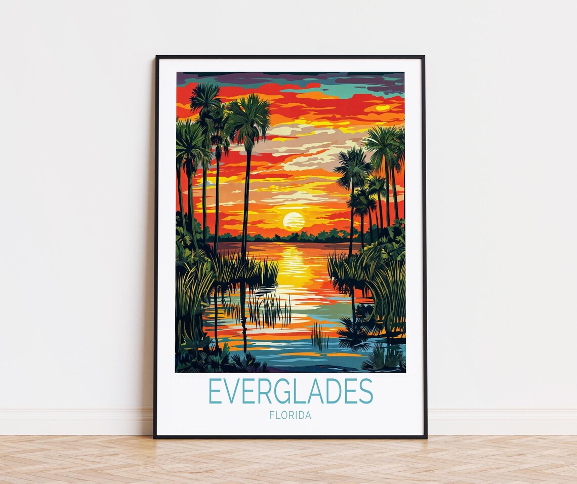 Everglades Florida Sunset Palm Trees Wetlands Illustration Travel Poster