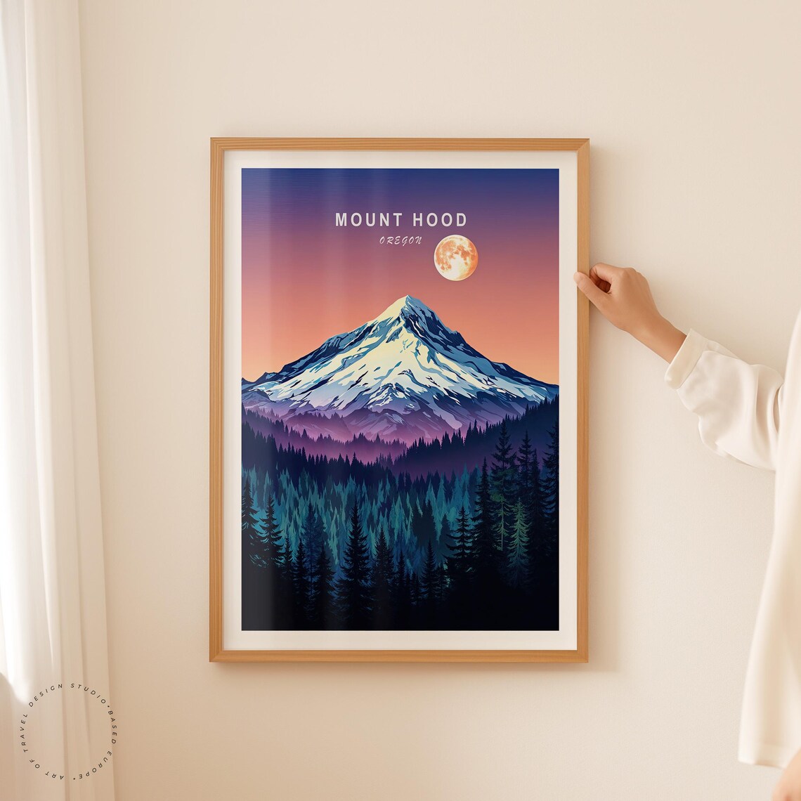 Mount Hood Oregon Sunset Moon Over Snowy Peak and Forest Poster - Image 2