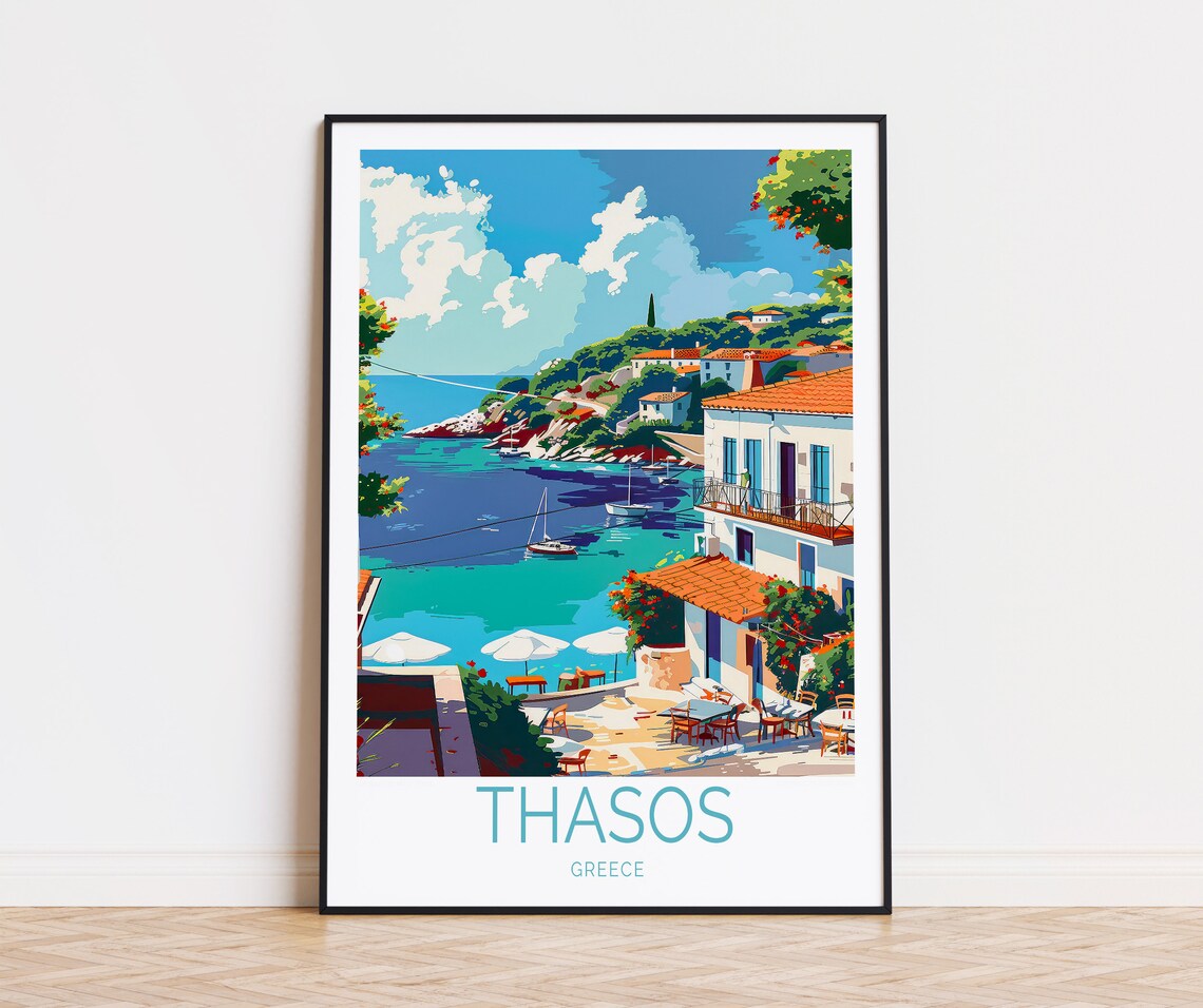 Thasos Greece Seaside Village Harbor Taverna Terrace Travel Poster