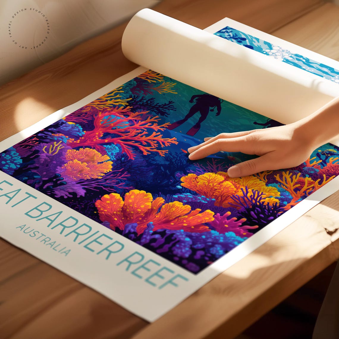Great Barrier Reef Australia Divers Silhouette Coral Travel Poster - Image 2