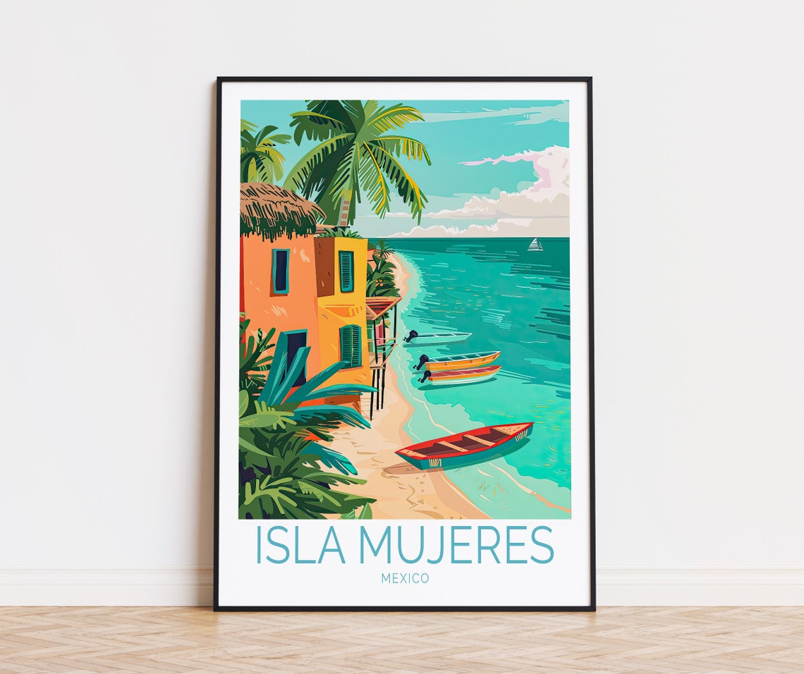 Isla Mujeres Mexico Caribbean Beach Thatched Roof Boats Poster