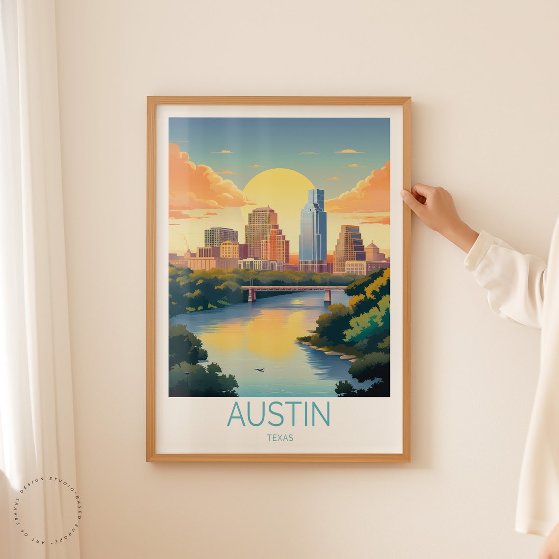 Austin Texas Downtown Sunset Skyline River Bridge View Poster - Image 2