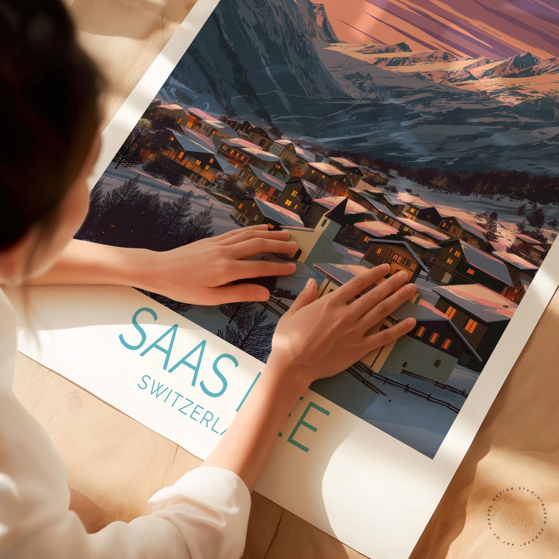 Saas Fee Switzerland Alpine Valley Village Winter Twilight Poster - Image 3