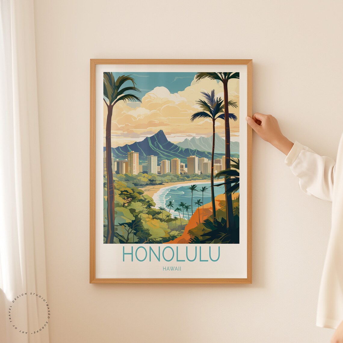Honolulu Hawaii Diamond Head Waikiki Beach Vintage Travel Poster - Image 2