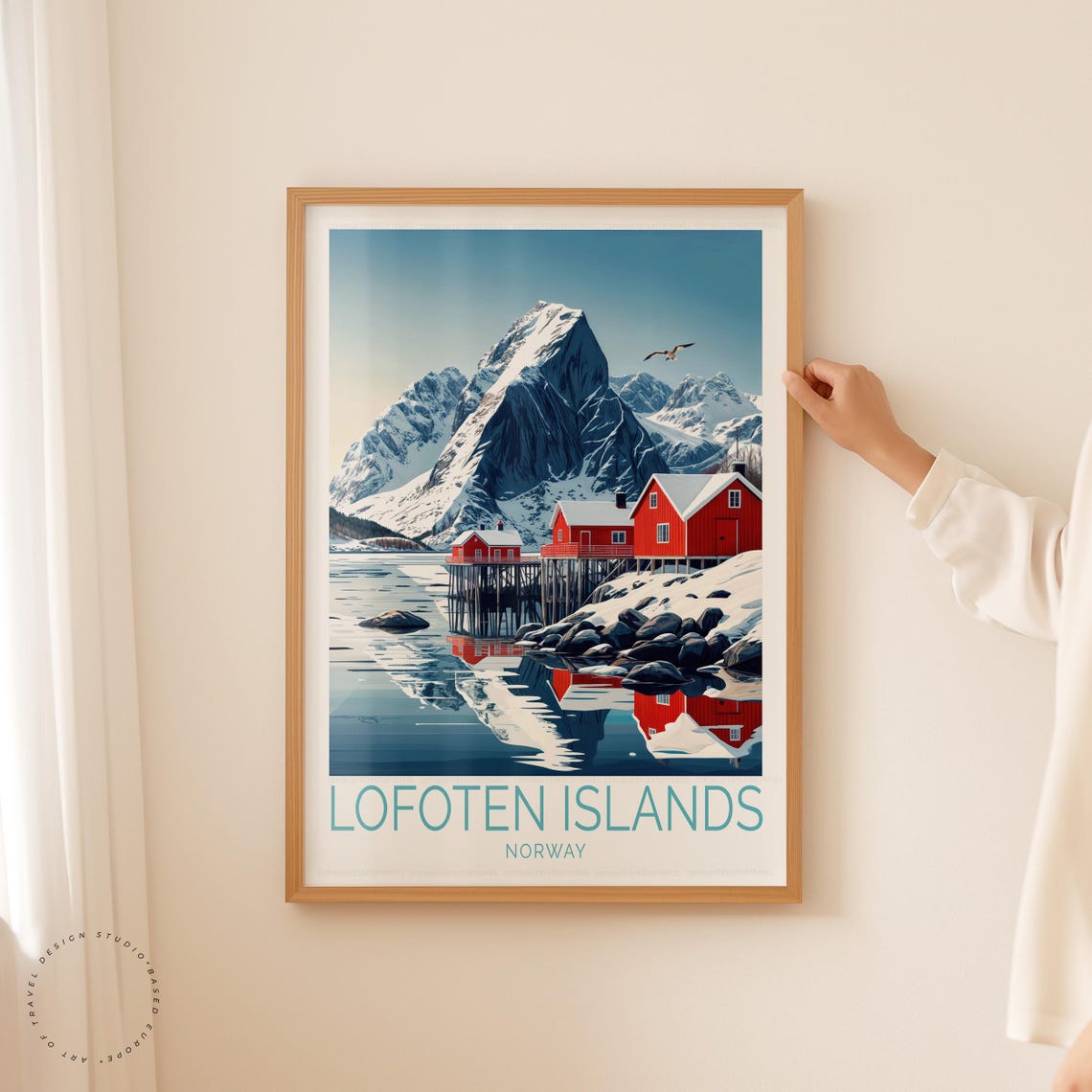 Lofoten Islands Norway Red Cabins Snowy Peak Vintage Travel Poster - Image 5