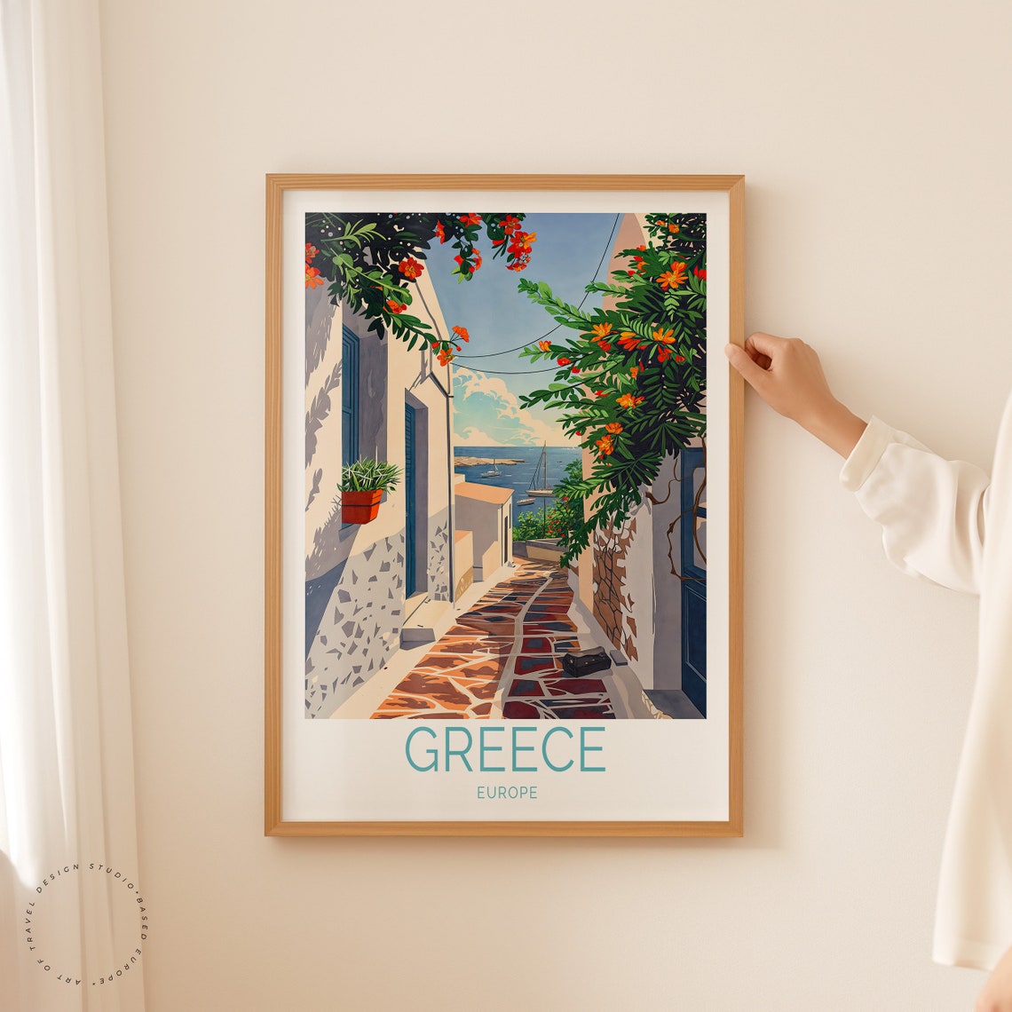Greece Europe Whitewashed Alley With Bougainvillea By The Sea Poster - Image 2