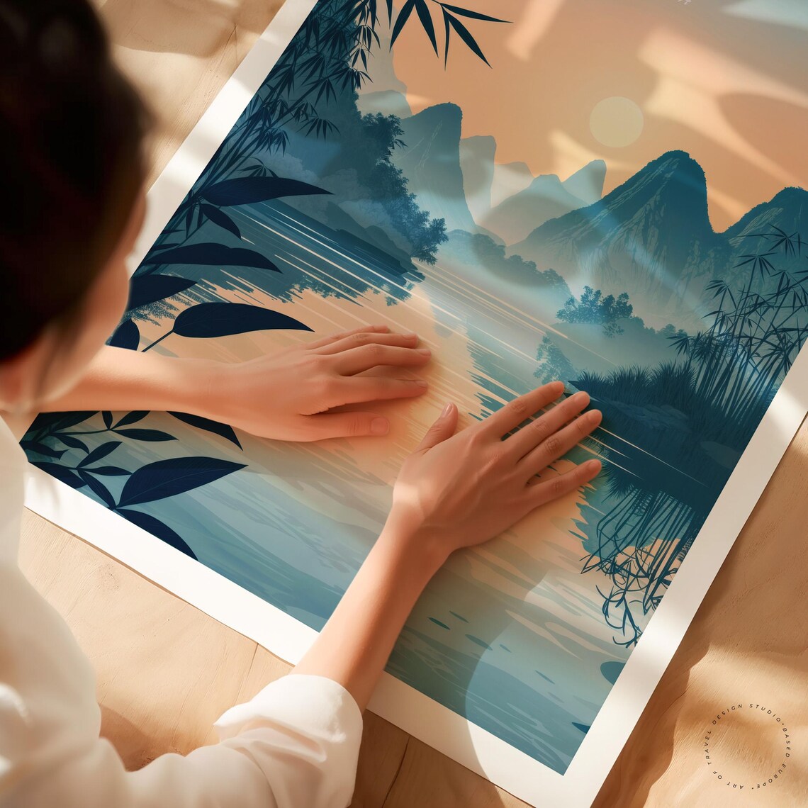 Guilin China Karst Mountains Sunset River Bamboo Vintage Travel Poster - Image 3