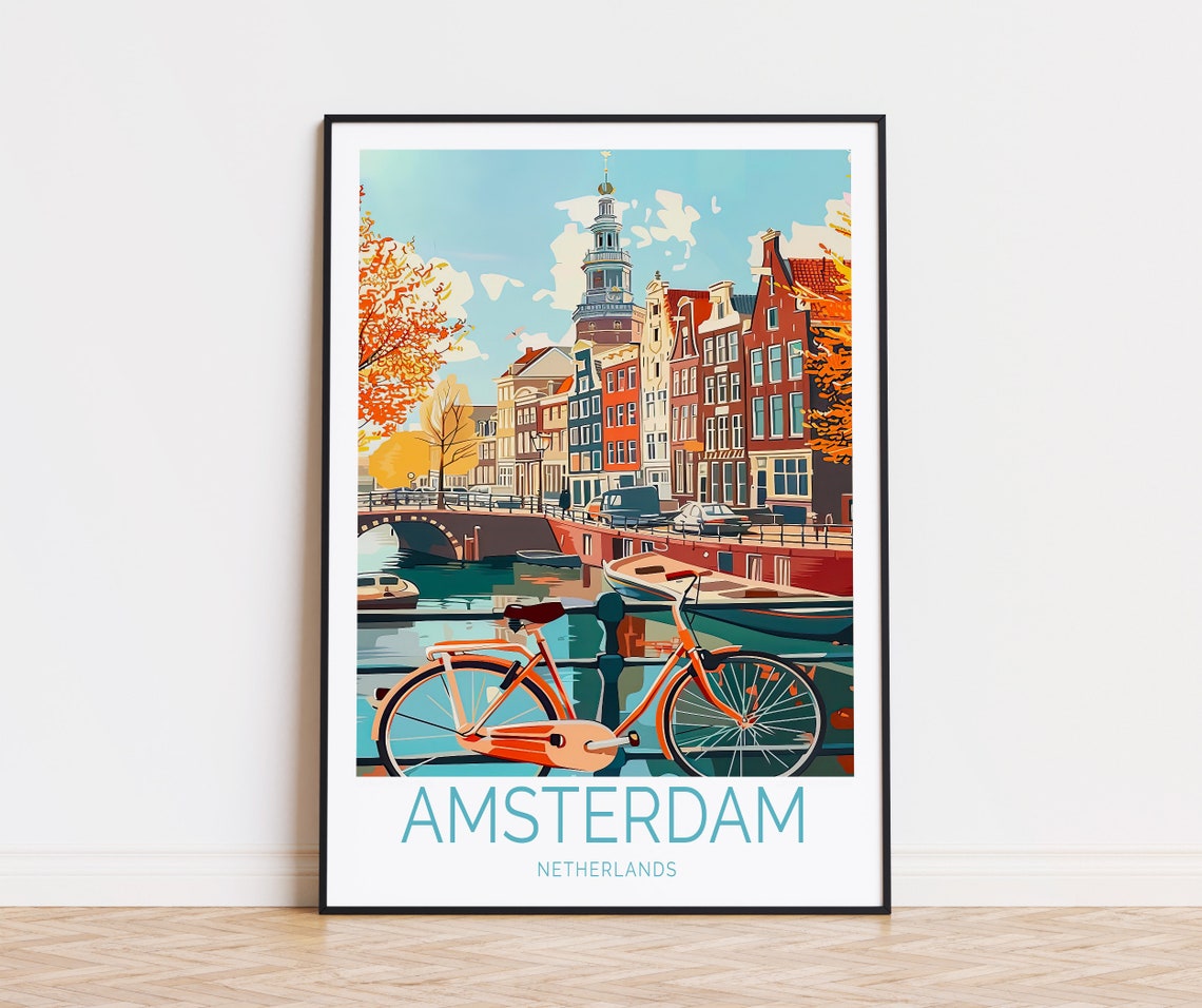 Amsterdam Netherlands Canal With Bicycle And Historic Houses Poster