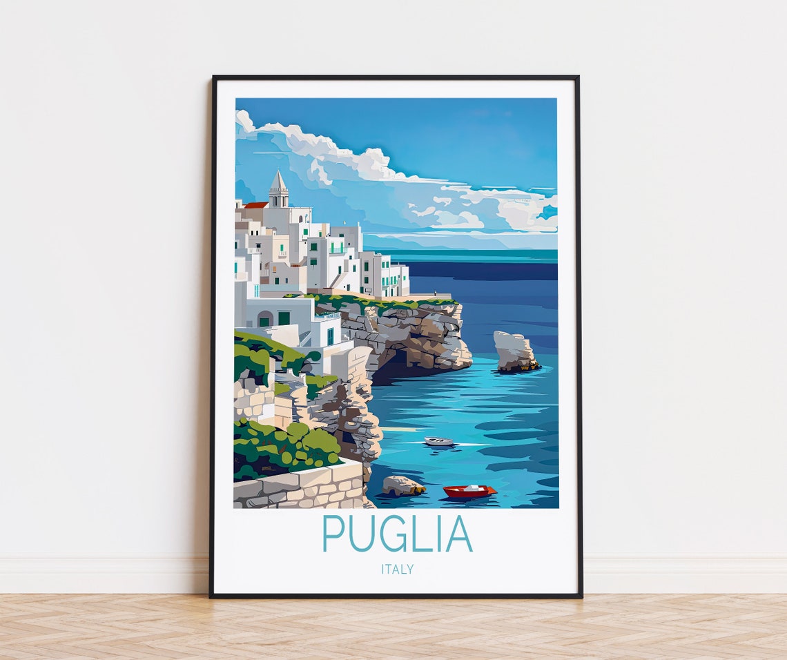 Puglia Italy Whitewashed Cliffside Town Turquoise Sea Poster