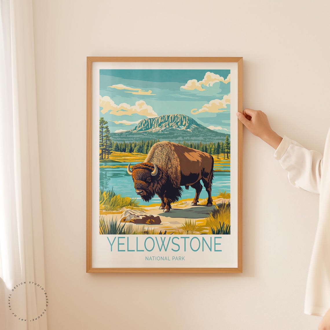 Yellowstone National Park Bison Drinking Lakeshore Bottom Title Poster - Image 2