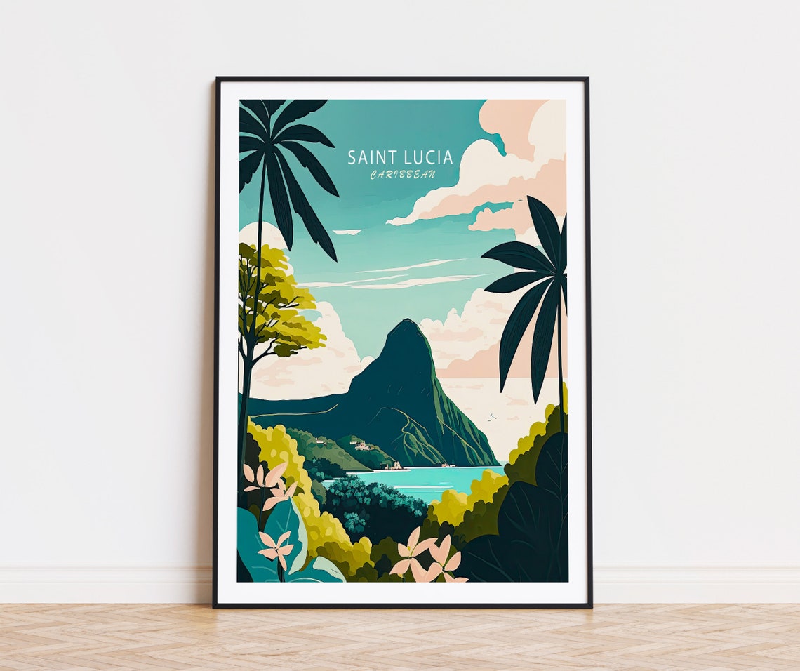Saint Lucia Pitons Caribbean Coastline Vintage Travel Poster