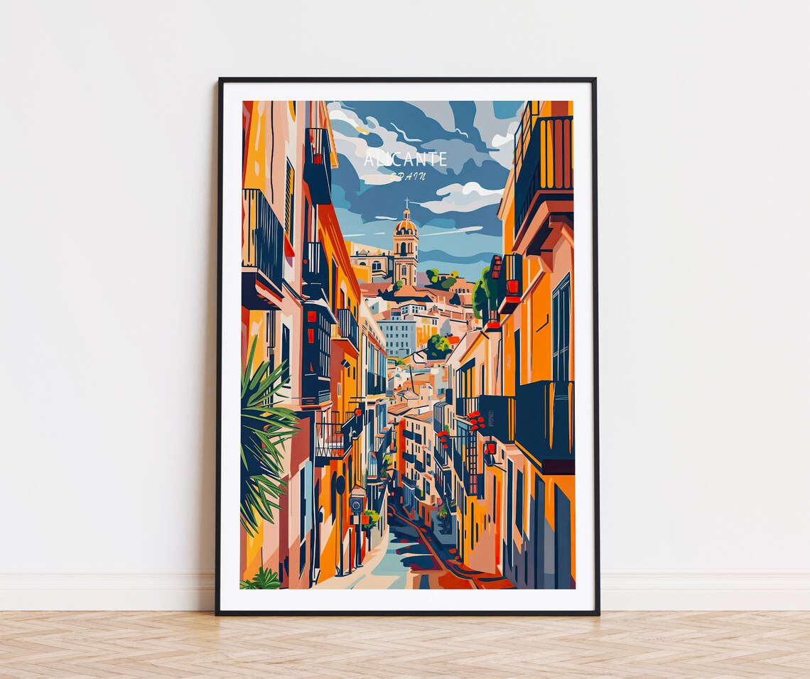 Alicante Spain Old Town Street with Cathedral Spire Travel Poster