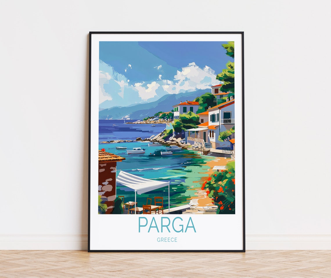 Parga Greece Coastal Old Town Colorful Boats Seaside Cafe Poster