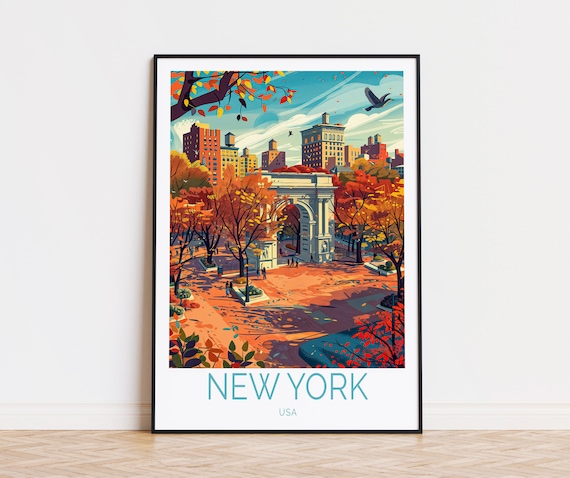 New York Washington Square Arch Autumn Park Afternoon Scene Poster