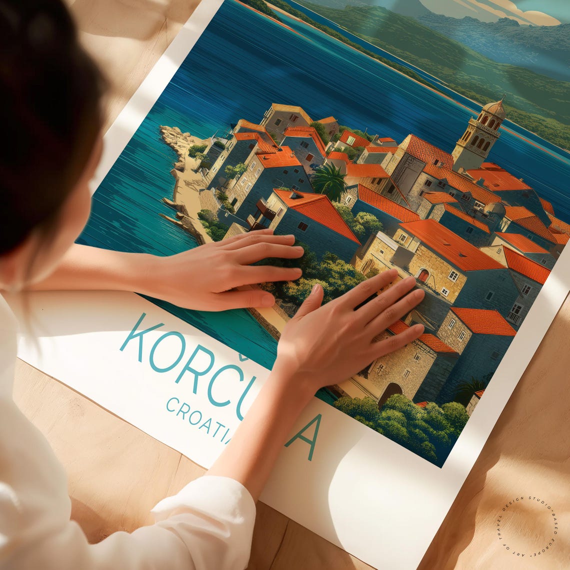 Korcula Croatia Island Town Aerial View Blue Bay Red Roofs Poster - Image 3