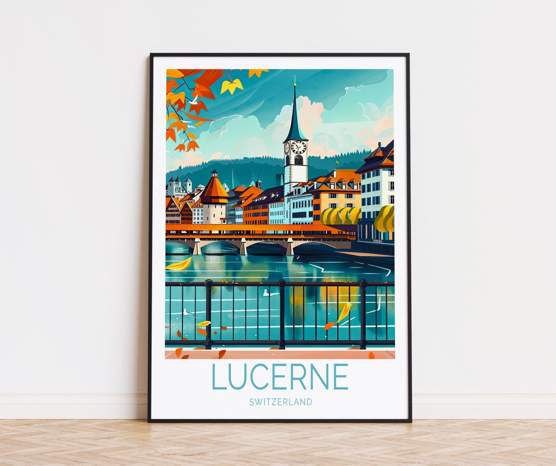 Lucerne Switzerland Chapel Bridge Old Town Autumn River Poster - Image 3