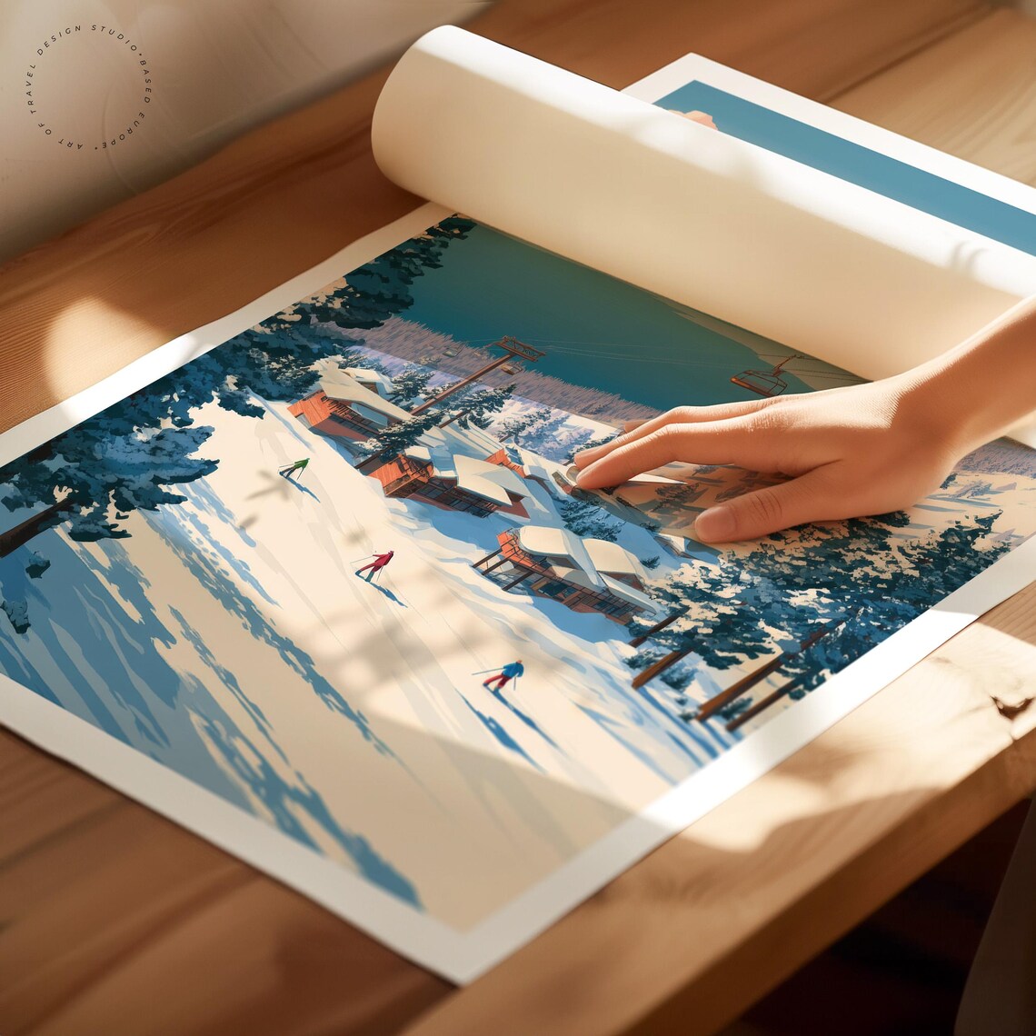 Heavenly South Tahoe Snowy Ski Village Lake View Vintage Art Poster - Image 2