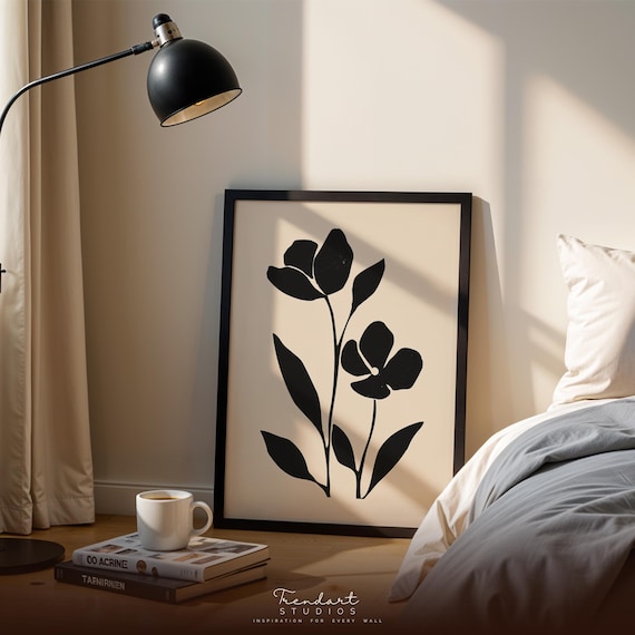 Black Floral Silhouette On Beige Japandi Minimalist Art Poster