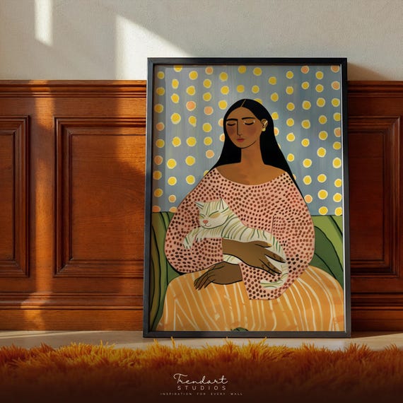 Folk Art Woman Holding White Cat Polka Dot Cozy Portrait Poster