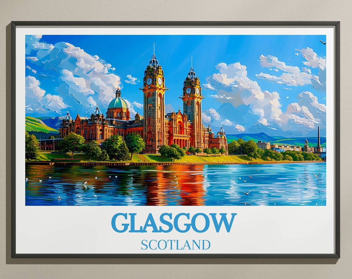 Glasgow Scotland Riverside Twin Clock Towers Summer Day Poster