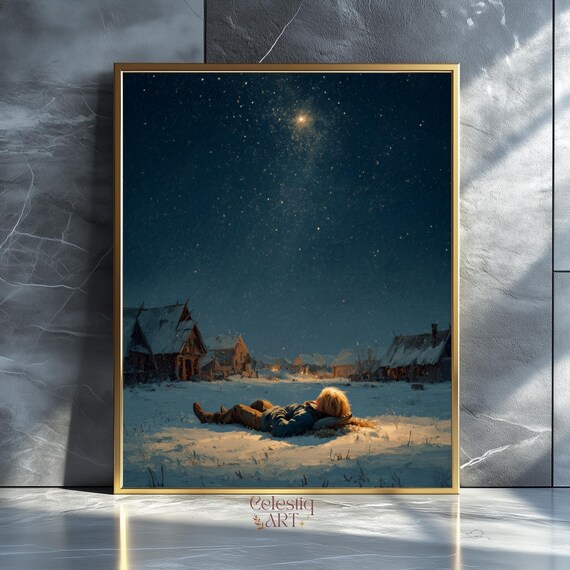 Winter Village Starry Night Art Print Nordic Snow Scene
