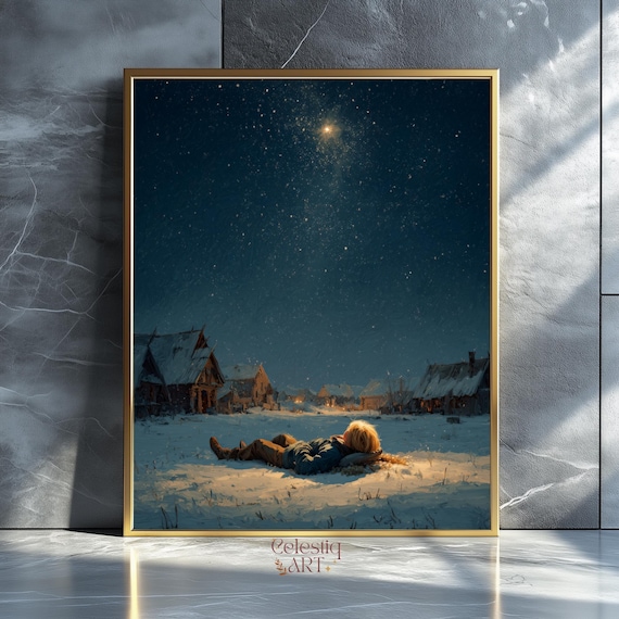 Winter Village Starry Night Child In Snow Nordic Scene Poster