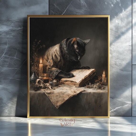 Black Cat Grimoire Art Print Witchy Dark Academia Decor