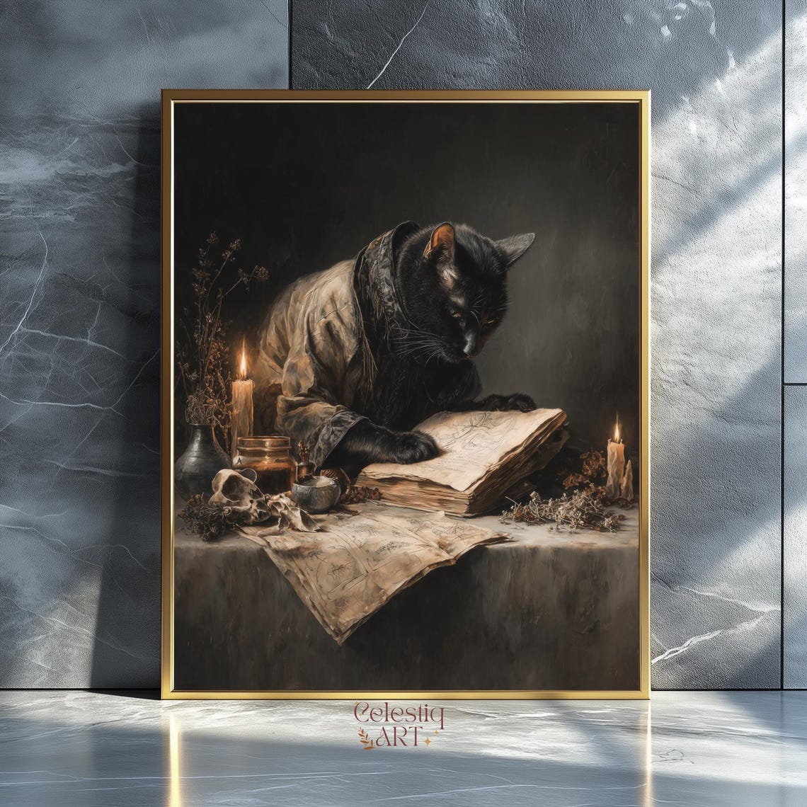 Black Cat Grimoire Art Print Witchy Dark Academia Decor