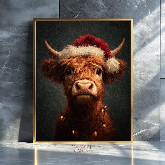 Highland Cow Christmas Santa Hat Holiday Lights Portrait Poster
